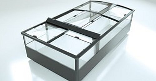 Seitenansicht einer Kühltruhe mit der transparenten Glasabdeckung „EcoFlex Push T“.